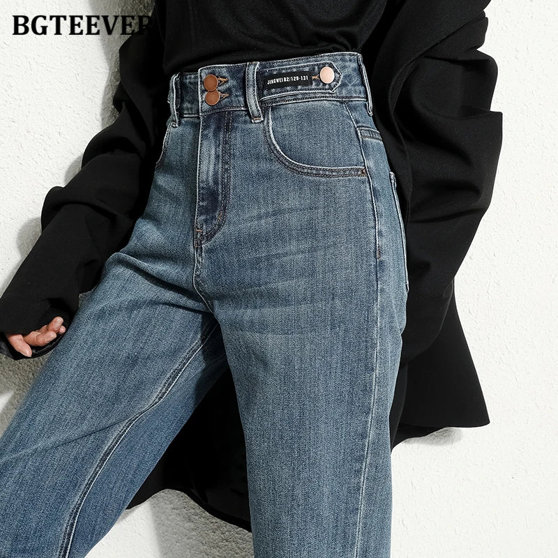 BGTEEVER Vintage Double Buttons Straight Jeans Pants Women Spring Autumn High Waist Loose Pockets Female Wide Leg Denim Trousers