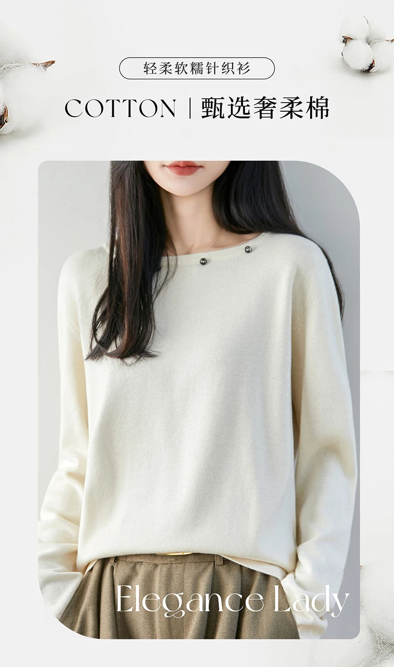 High end fashion 100% pure cotton women's sweater casual knitted round neck pullover autumn and winter solid color women's top