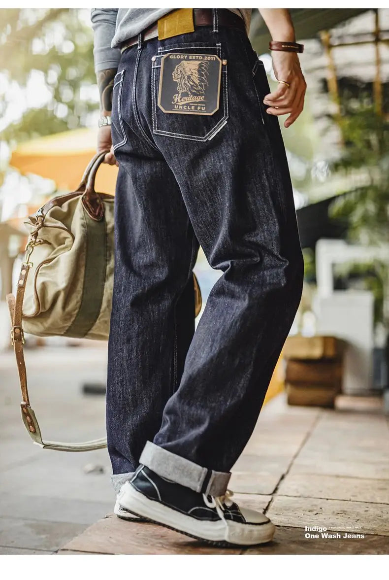 Vintage 12oz One-Washed Denim Jeans for Men Straight Wide Leg Trousers Loose Fit