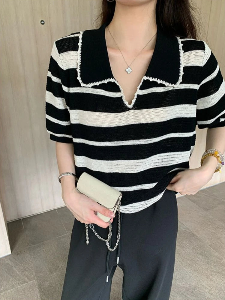 Women High Stretch Polo Shirt 2026 Stripe Short Sleeve Top Casual Color Block Splicing Openwork Knit Blouse