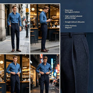 Promotional collage showing the deep navy herringbone pleated suit trousers