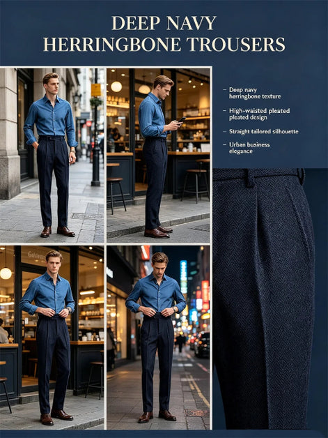 Promotional collage showing the deep navy herringbone pleated suit trousers
