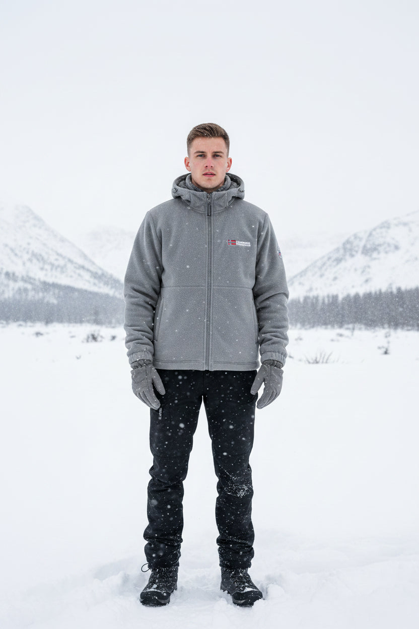 Gray fleece jacket with brand logo on a gray background