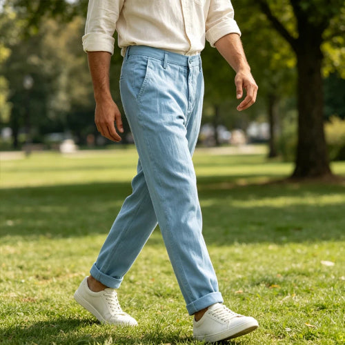 A man walking outdoors in a park wearing light blue chino pants, a cream linen shirt, and white sneakers.