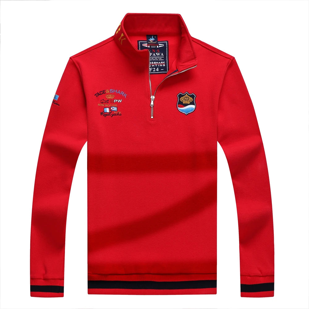 TACE&SHARK Fashion Men‘s Shark Embroidery Long Sleeve Polo Shirt Cotton Casual Wear Business Solid Color Tops