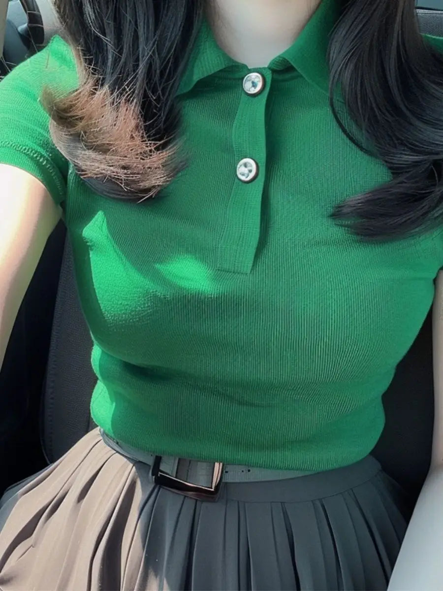2026 Summer New Solid Color Short Sleeve Stylish Slim Fit Korean Style Polo Collar Hot Girl Top for Women