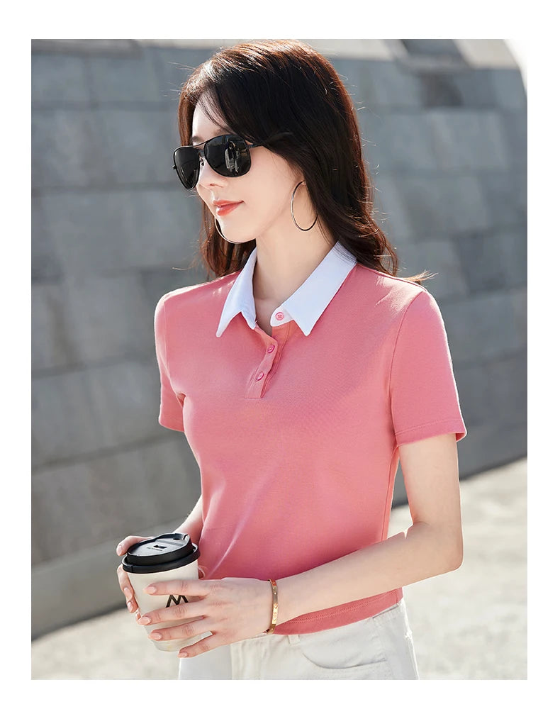 Summer New Cotton Polo Shirt Solid Color Polo Neck Short Sleeve High Waist Short Style Slim Fit Fashion Casual Women's Shirt
