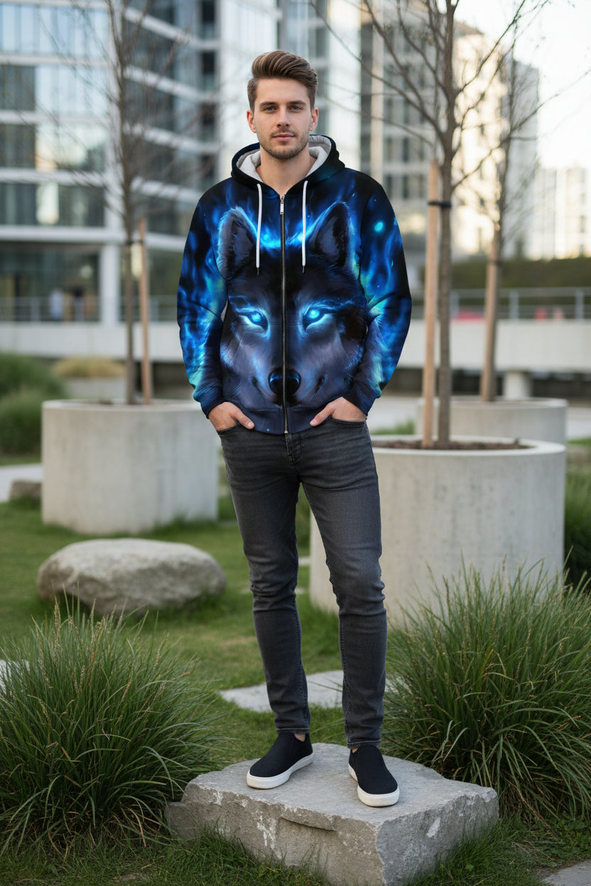 Hoodie with a wolf design featuring blue glowing eyes on a white background