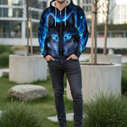 Hoodie with a wolf design featuring blue glowing eyes on a white background