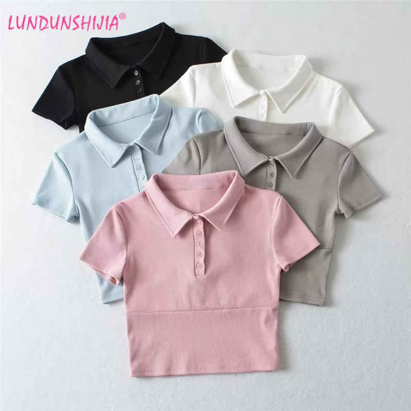 LUNDUNSHIJIA High Quality Plain Short T Shirt Women Cotton Elastic Basic Female T-shirt Slim POLO T-shirts For Women