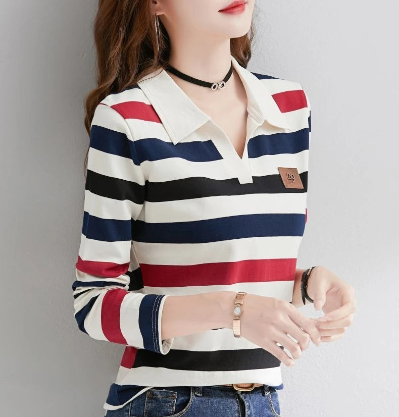 Slimming Striped Polo T-Shirt for Women 100% Cotton Long Sleeve Innerwear for 2026 Transitional Wardrobe