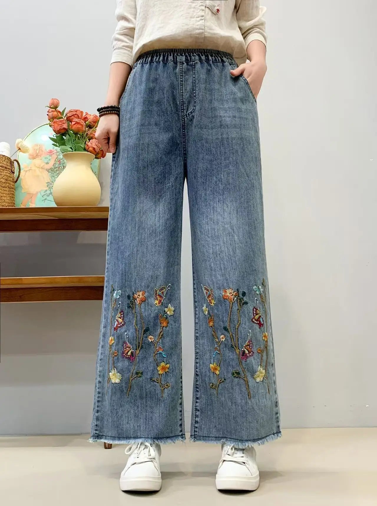 Spring Summer Ethnic Style Vintage Floral Embroidery Denim Wide Leg Pants Women High Elastic Waist Hole Casual Straight Jeans