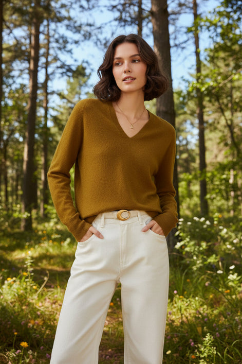 Woman wearing a mustard yellow sweater and white pants against a beige background