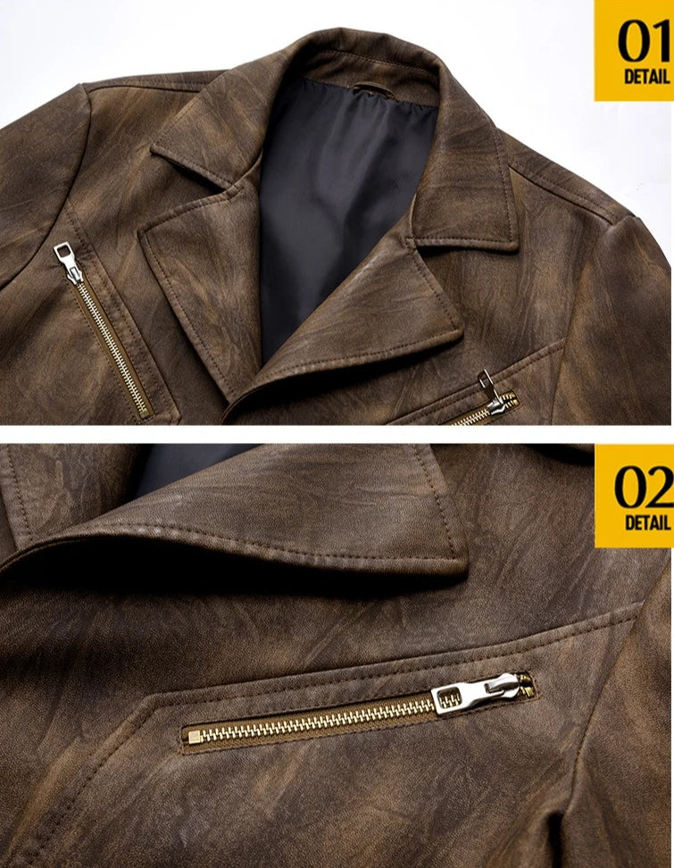 Men's Brown PU Jackets with Lapels for Fall and Winter, Dark Gray Faux Leather Coats for Spring, European Sizes S–XXXL.