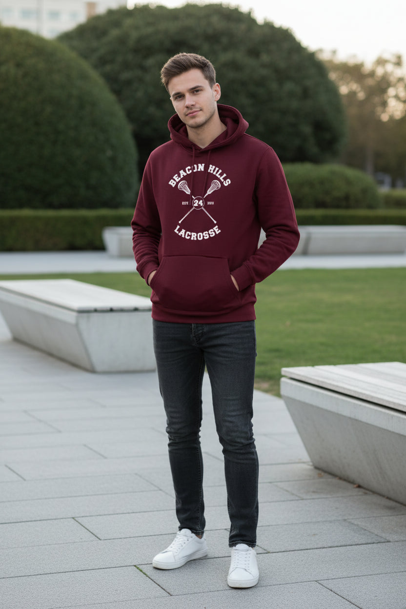 Maroon hoodie with 'Beacon Hills Lacrosse' front and 'STILINSKI 24' back on a white background