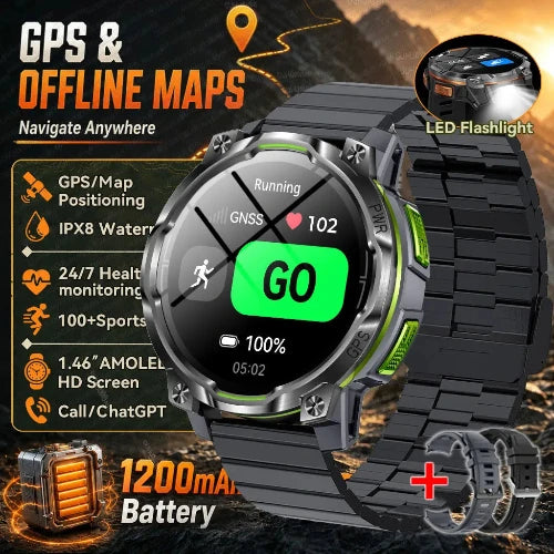A rugged black and silver smartwatch with a green LED display, shown with promotional text and feature callouts for GPS maps, IPX8 water resistance, 