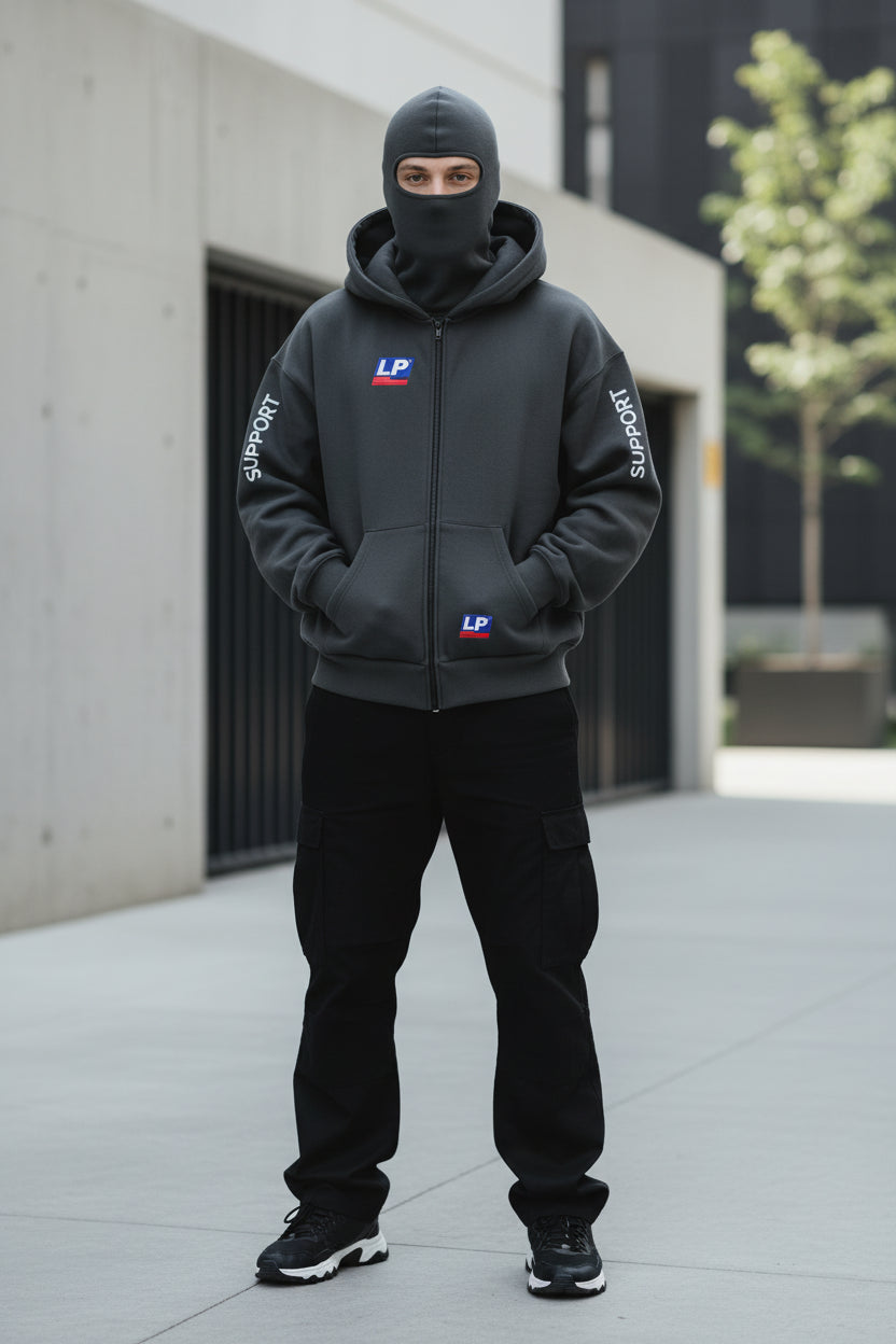 A dark gray zip-up hoodie with a hood, featuring 'SUPPORT' printed in white on both sleeves and 'LP' logos on the chest and lower front pocket. The hoodie is displayed on a clean white background.