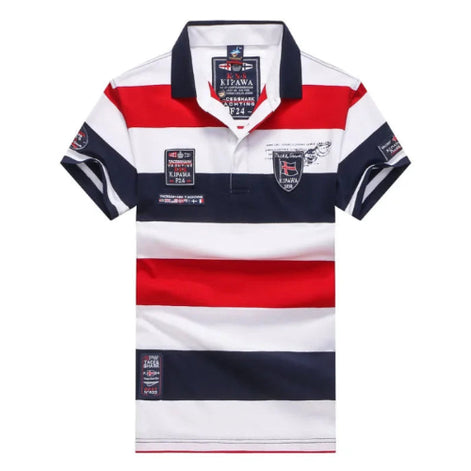 A men's short-sleeve polo shirt with horizontal stripes of navy blue, white, and red. The shirt features a navy blue collar, a two-button placket, and multiple printed patches and logos on the chest and sleeves.