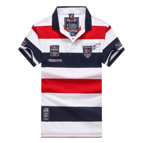 A men's short-sleeve polo shirt with horizontal stripes of navy blue, white, and red. The shirt features a navy blue collar, a two-button placket, and multiple printed patches and logos on the chest and sleeves.