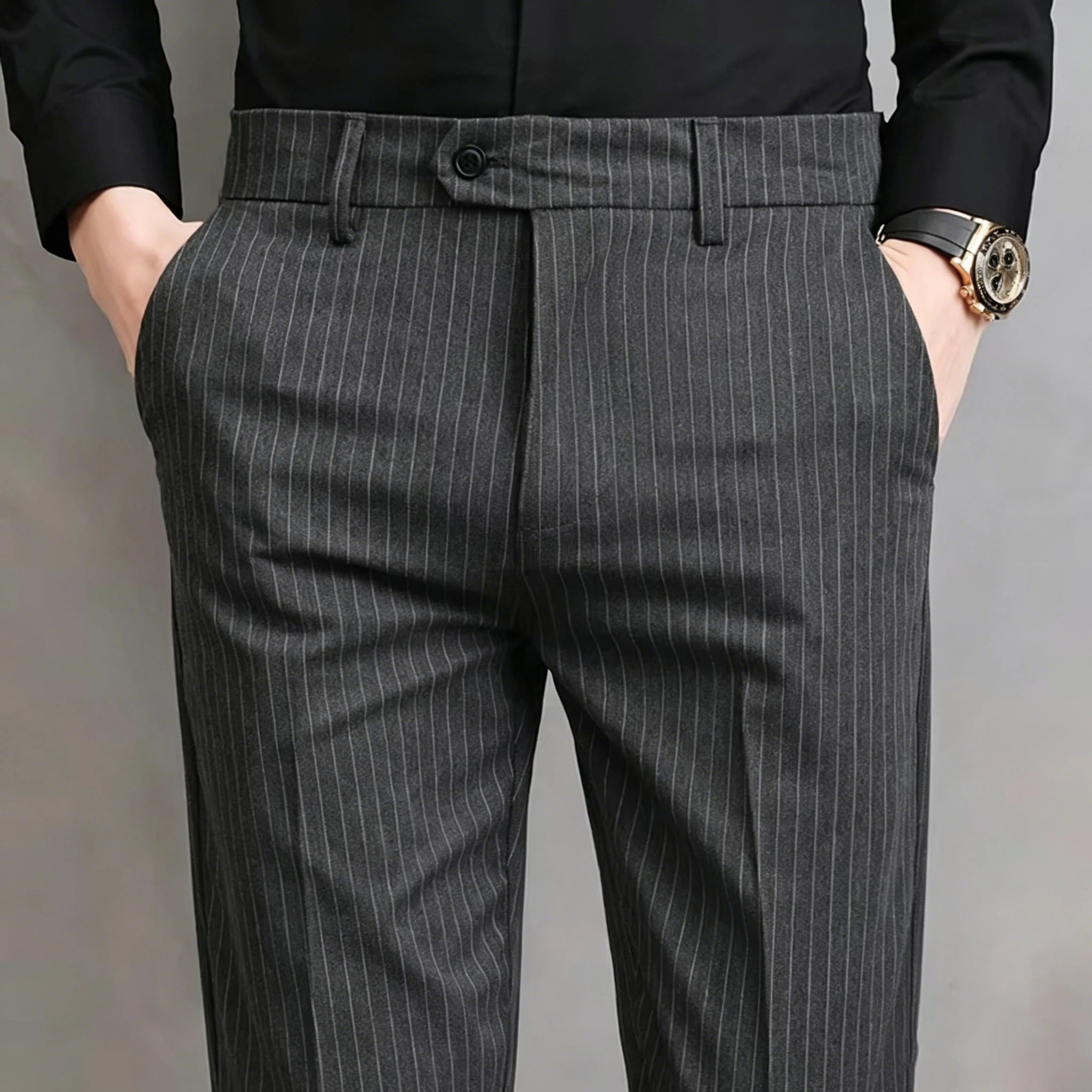 Pinstripe Pattern Suit Pants for Man Formal Dress Slim Fit Pants Elastic Waist Summer Thin Casual Trousers Male Business Wedding