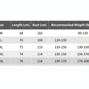 Size chart for clothing with measurements and recommended weights.