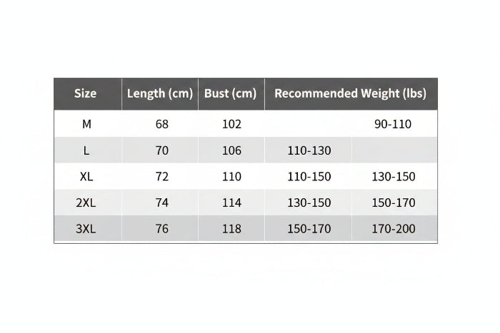 Size chart for clothing with measurements and recommended weights.