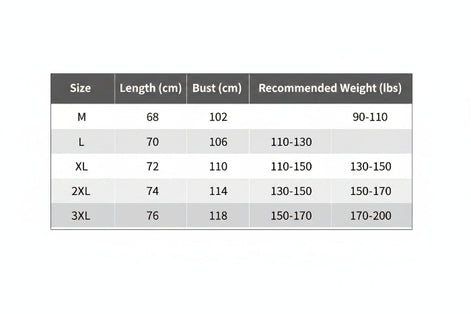 Size chart for clothing with measurements and recommended weights.