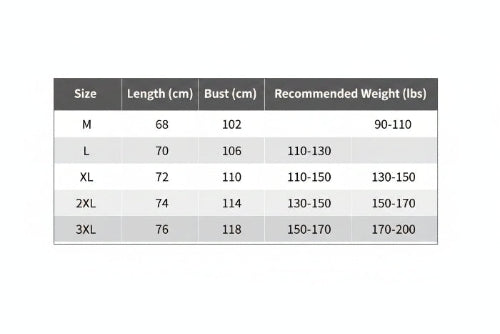Size chart for clothing with measurements and recommended weights.