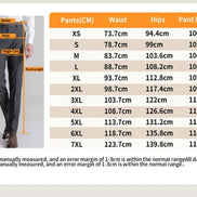 A size chart and measurement guide for men's pants, showing a side-body measurement diagram on the left and a size table on the right with waist, hips, and pant length measurements for sizes XS through 7XL.