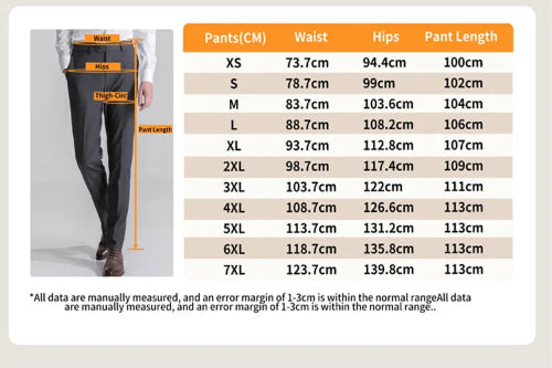 A size chart and measurement guide for men's pants, showing a side-body measurement diagram on the left and a size table on the right with waist, hips, and pant length measurements for sizes XS through 7XL.
