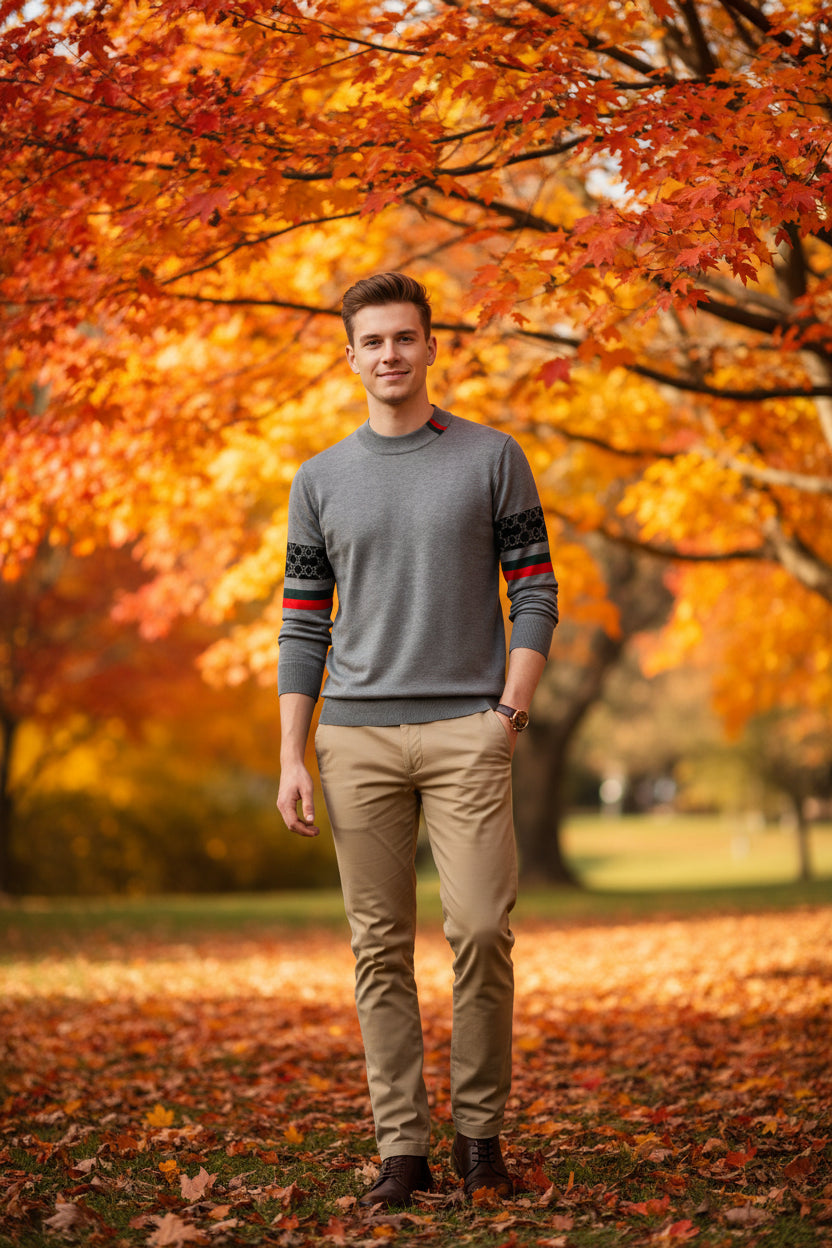 Gray sweater with patterned sleeves on a gray background