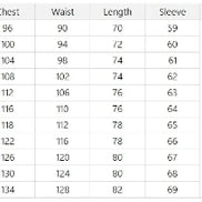 Size chart for shirts with measurements in centimeters