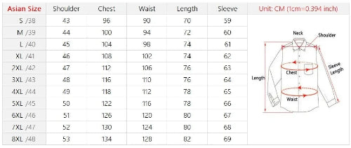 Size chart for shirts with measurements in centimeters