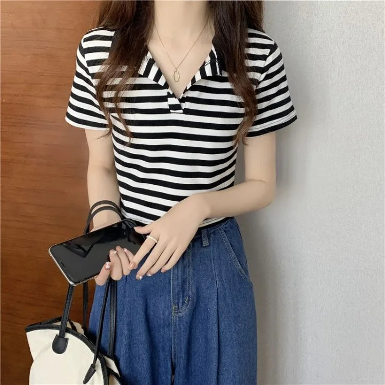 Chic V Neck Short Length Striped Short Sleeve Polo T Shirt For Women Summer 2026 New Niche Top