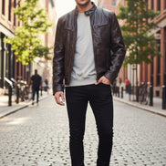 Man wearing a brown leather jacket on a white background