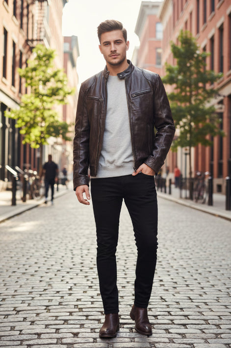 Man wearing a brown leather jacket on a white background