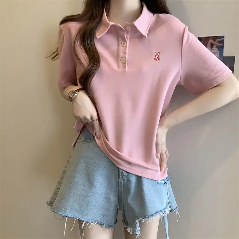 Pink Woman 100℅ Cotton Tshirt Embroidery Polo Neck T Shirt for Women Korean Clothing Y2k Fashion High Quality Youthful Elegant