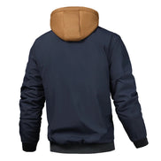 Navy blue hoodie with a tan hood on a white background