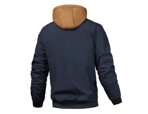 Navy blue hoodie with a tan hood on a white background