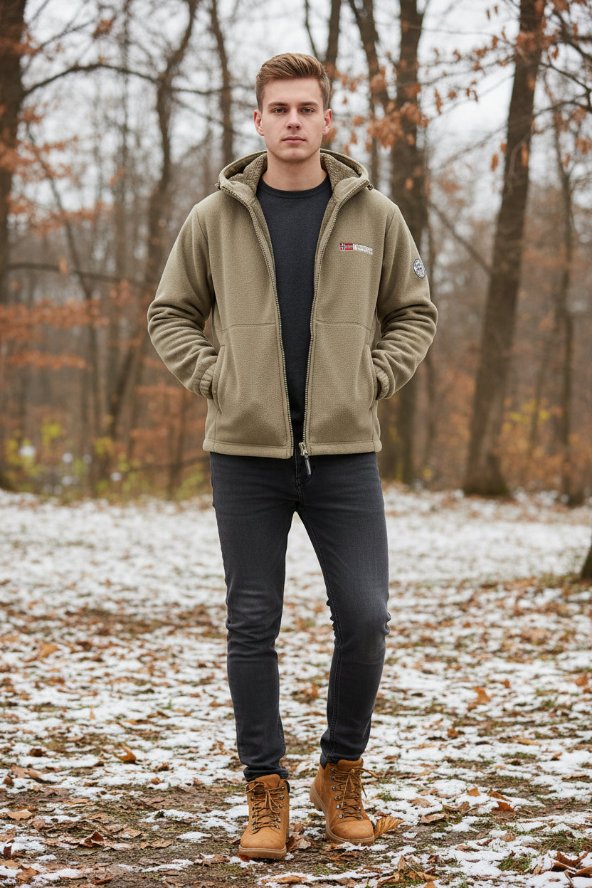 Khaki jacket with brand logo on a white background