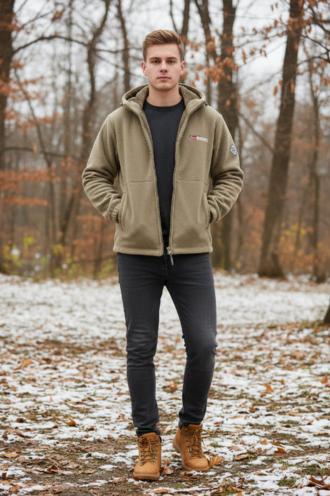 Khaki jacket with brand logo on a white background