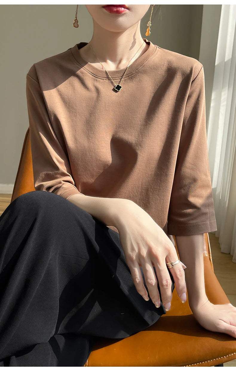 Summer Cotton Short-Sleeved T-Shirt Women's Round Neck Seven-Point Sleeves Loose Mercerized Cotton Half-Sleeve Shirt New T-shirt