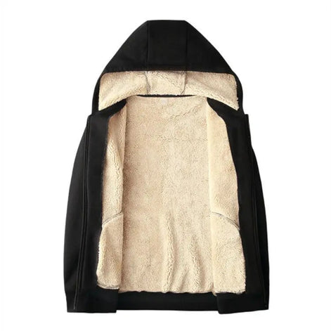 Black jacket with beige interior lining on a white background