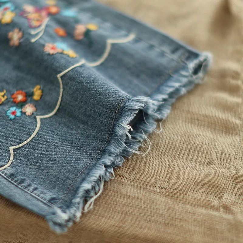 Spring Summer Ethnic Style Vintage Floral Embroidery Denim Wide Leg Pants Women High Elastic Waist Hole Casual Straight Jeans
