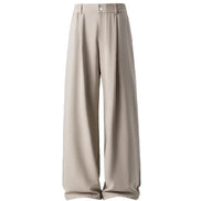 A pair of wide-leg trousers in a light taupe-beige color, shown against a plain white background.