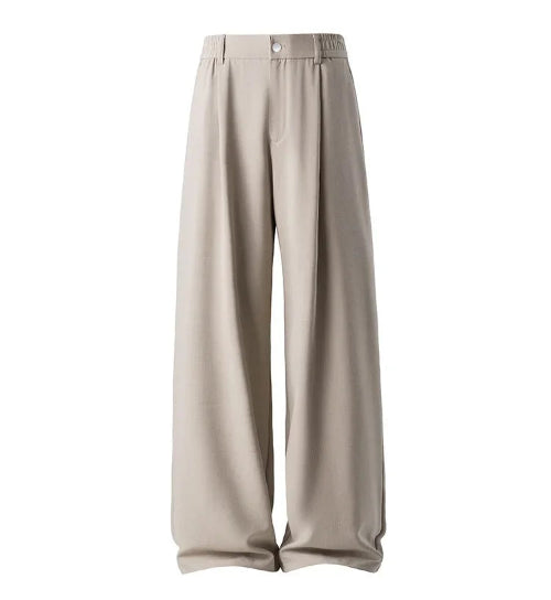 A pair of wide-leg trousers in a light taupe-beige color, shown against a plain white background.