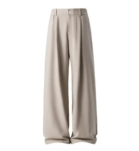 A pair of wide-leg trousers in a light taupe-beige color, shown against a plain white background.