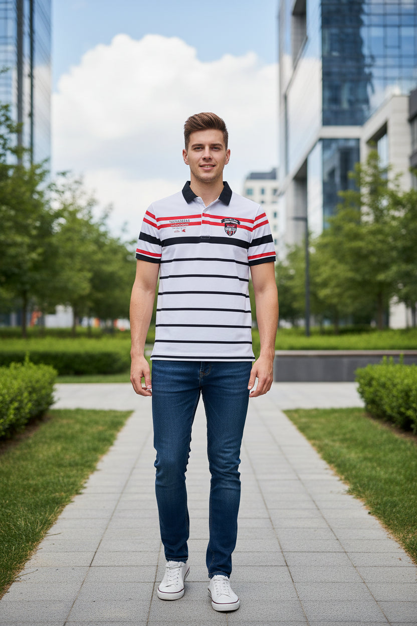 A men's short-sleeve polo shirt with horizontal black stripes on a white base, featuring red stripes on the shoulders and collar trim, with 'TACE&SHARK' branding and a shield crest on the chest.