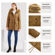 Brown jacket with fur collar worn by a model, with close-up details on a white background.