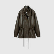 Front view of a dark brown faux leather jacket with layered collars, snap buttons and a gathered drawstring waist against a light background